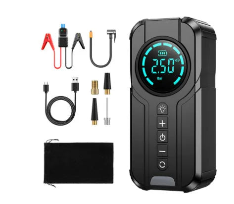Wireless portable air pump with 6000mAh battery, 12V output, measuring 235mm by 175mm by 80mm, shown with nozzles and carry bag.