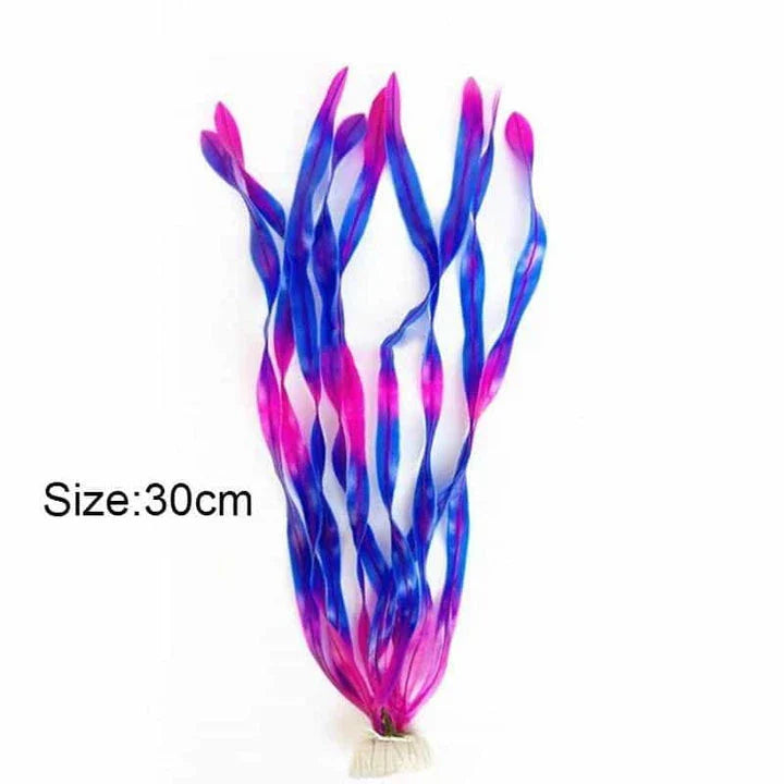 Vibrant and lifelike artificial underwater plants decorating an aquarium, creating a serene and natural-looking underwater environment.
