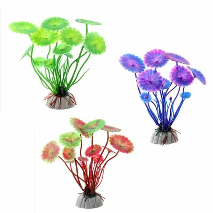 Vibrant and lifelike artificial underwater plants decorating an aquarium, creating a serene and natural-looking underwater environment.