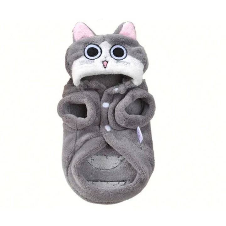 Coral fleece pet clothing in various sizes and colors for cats and dogs to stay warm and cozy during the winter season.