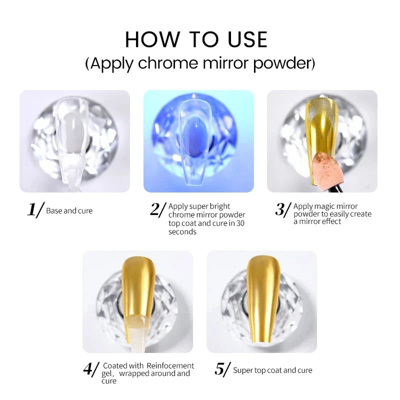 Premium chrome-mirror gel top coat for glossy, reflective nail shine