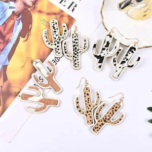 Cactus Tree Earrings - Handcrafted wooden accessories featuring a whimsical blend of cacti and trees