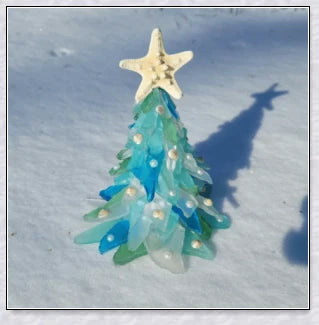 Handcrafted Sea Glass Christmas Tree Craft in Blue and Green Shades, Ideal for Coastal Holiday Decor