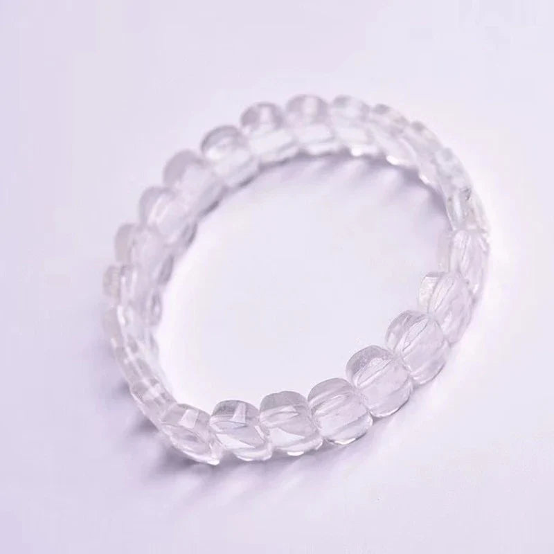 Natural white crystal single loop bracelet with a geometric pattern, providing radiation protection and elegant style