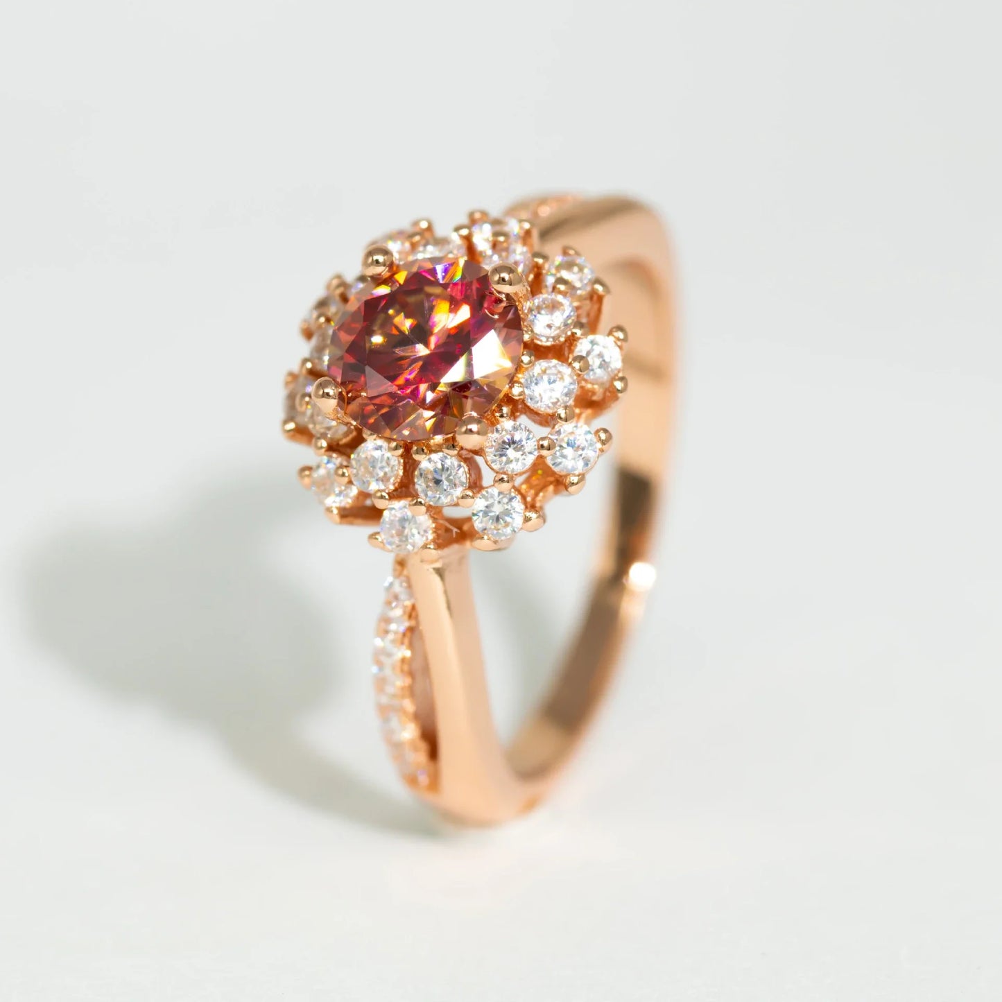 Elegant red moissanite flower ring for women with delicate design and sparkling accents