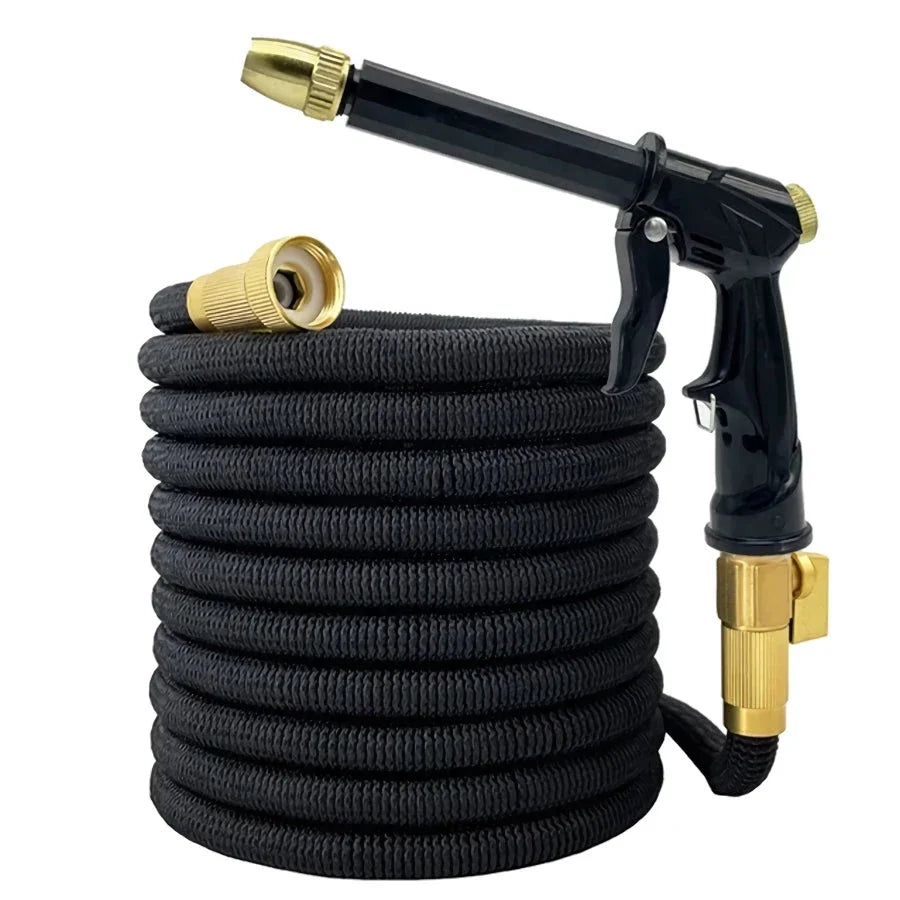 Expandable high-pressure garden hose with adjustable sprinkler head for versatile outdoor watering and cleaning tasks