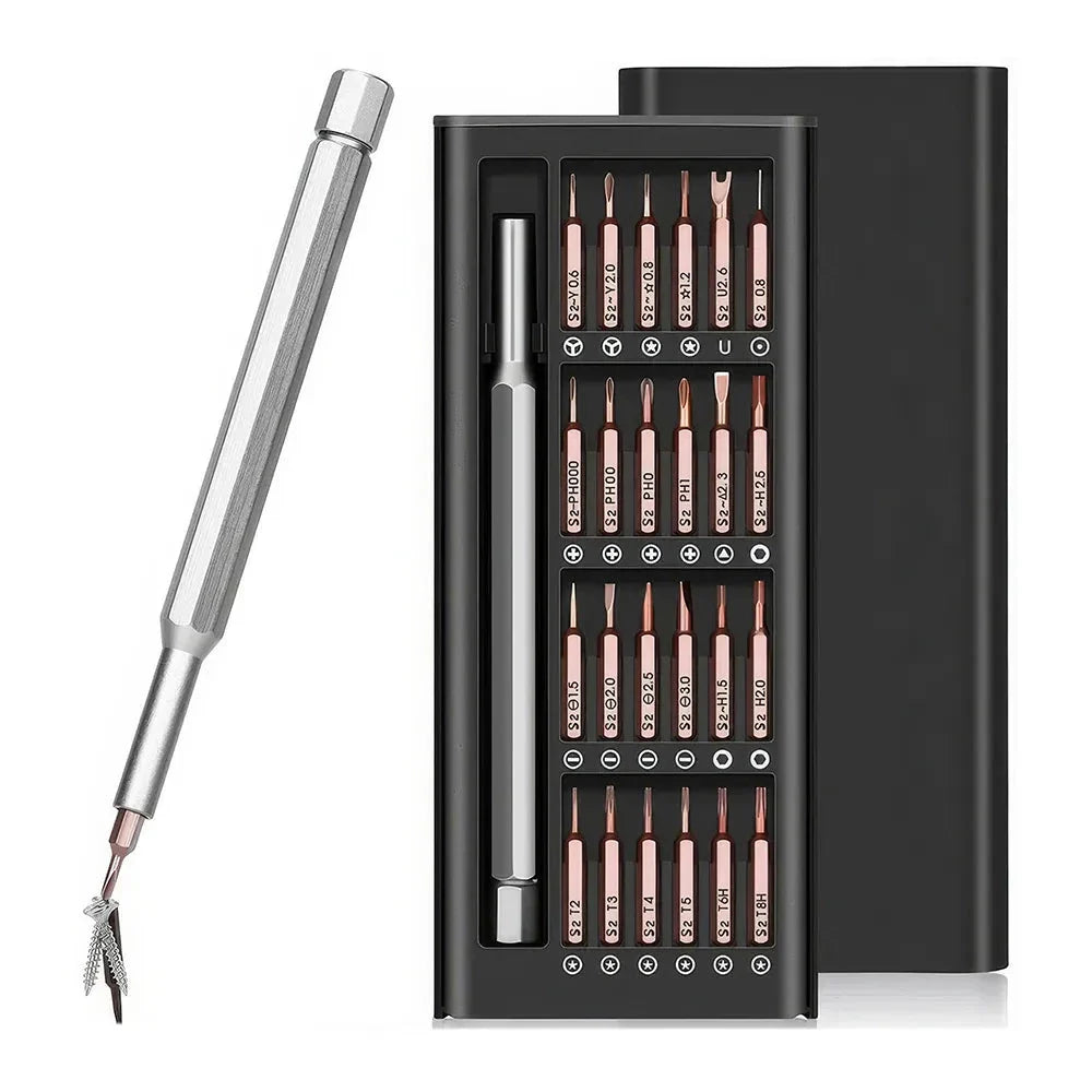 A 24-in-1 magnetic precision screwdriver set with an ergonomic handle and 24 hardened S2 tool steel bits for versatile DIY repairs