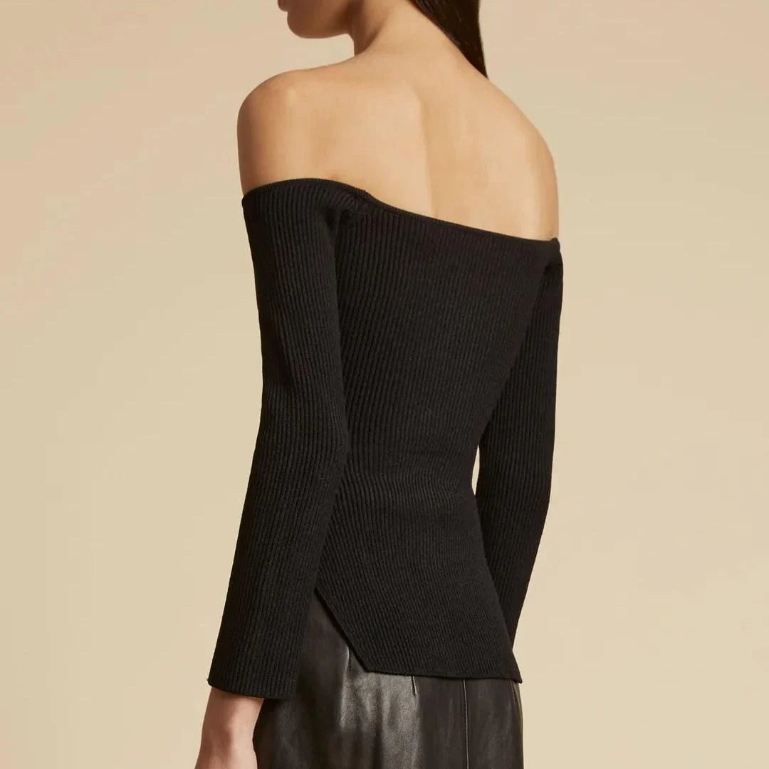 Cozy and chic knit sweater with trendy slash neck design, perfect for women's autumn and winter wardrobe.