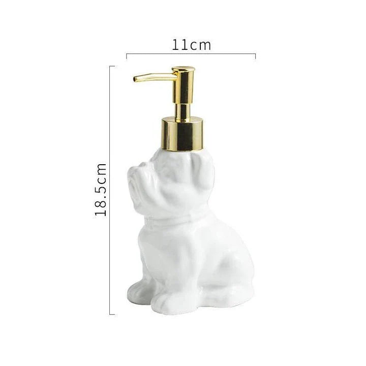 Premium 280ML ceramic dog-shaped soap dispenser with elegant gold and silver finishes for luxurious bathroom decor
