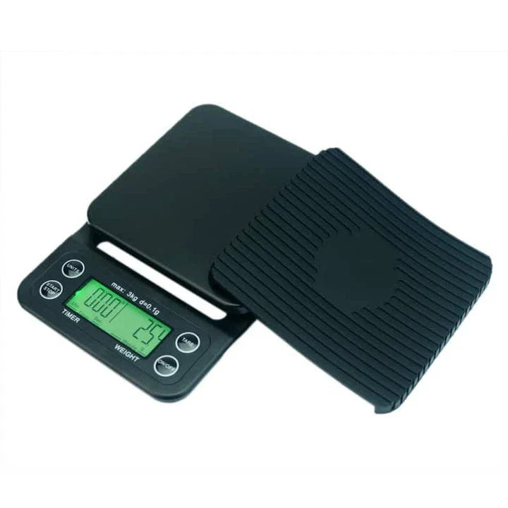 A sleek and modern digital kitchen scale with a timer function, designed to provide precise measurements and enhance your culinary skills.