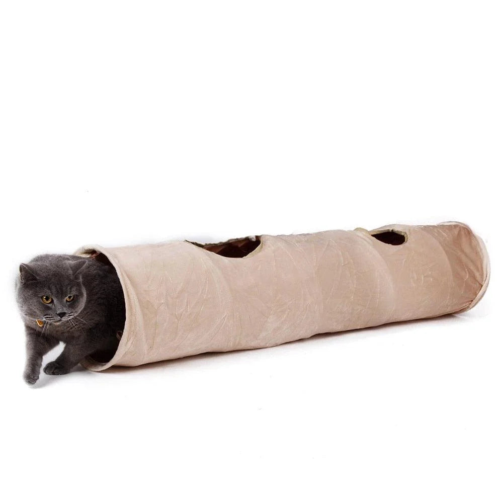 Cozy Hideaway Foldable Long Tunnel with Ball Toy for Playful Cats in Brown Color