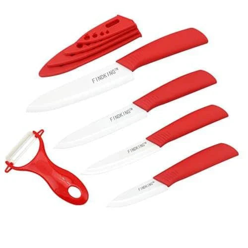 Vibrant ceramic knives in various colors, including red, blue, green, black, yellow, and orange, arranged on a white background.