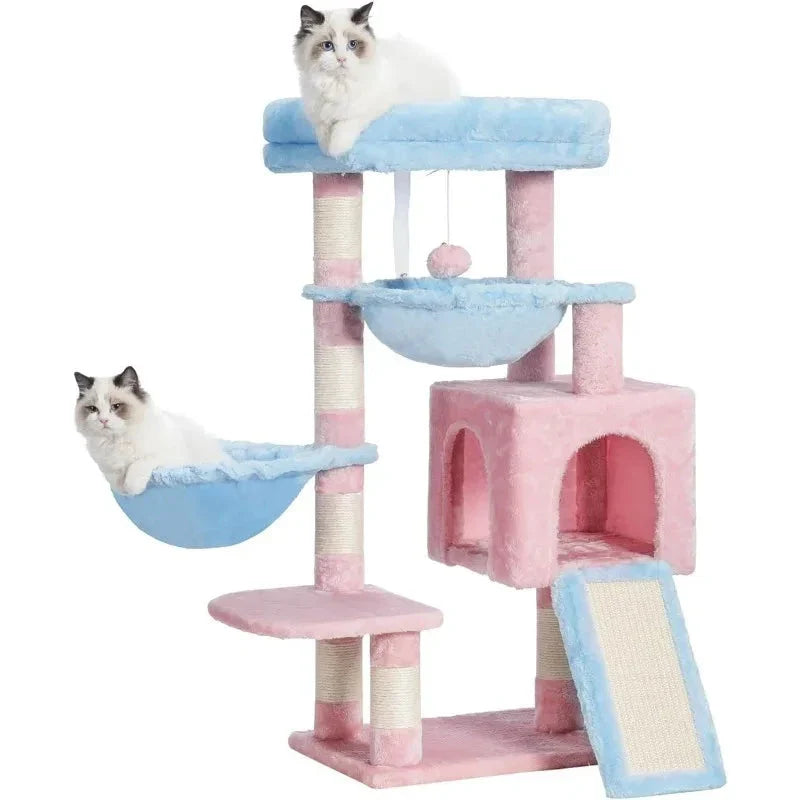 A multi-level cat tree tower with padded beds, hammocks, and sisal-wrapped scratching posts for indoor cats to play, rest, and scratch
