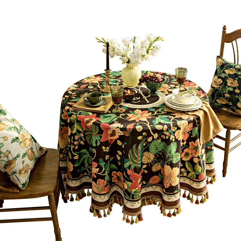 Elegant dark brown luxury tassel tablecloth with intricate printed patterns and delicate tassels, perfect for refined dining experiences