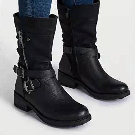 Stylish and comfortable women's martin boots with low heel, featuring a sleek belt buckle accent and durable rubber sole