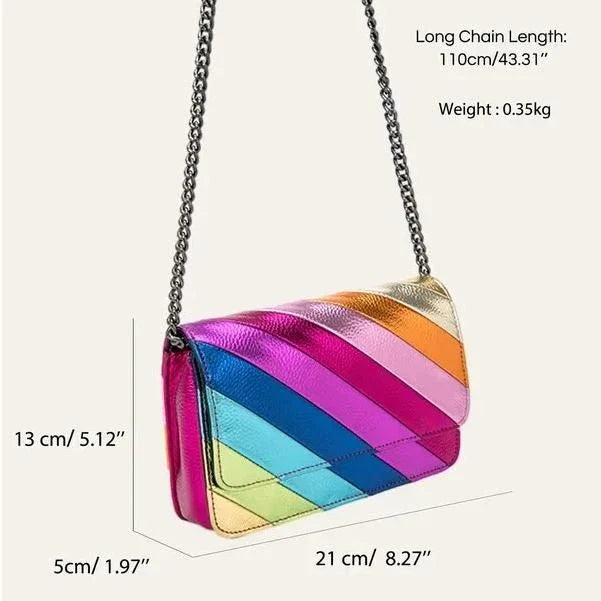 Colorful striped flap handbag with metal chain, a stylish and versatile fashion accessory made from high-quality vegan leather