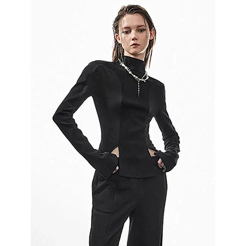 Chic Slim-Fit Knitted Pullover in Brown and Black colors, showcasing the sleek half-high collar and flattering split hem design.
