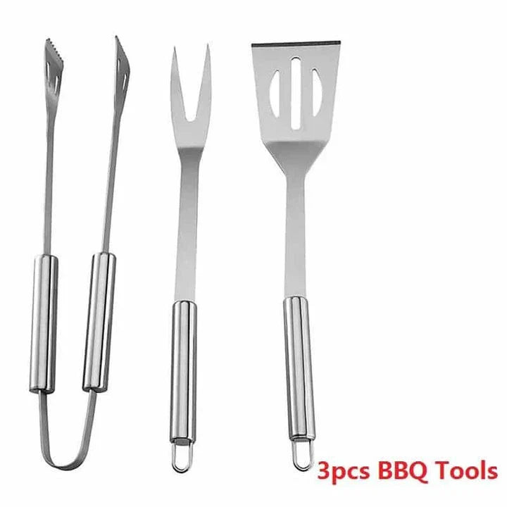 Stainless steel BBQ tool set with fork, tongs, and shovel for outdoor grilling and cooking