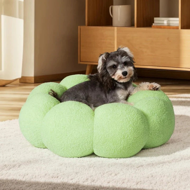 A cozy, flower-shaped dog bed made of soft, plush teddy sherpa fabric with raised edges for head and neck support, providing a calming and comfortable resting spot for medium-sized dogs.