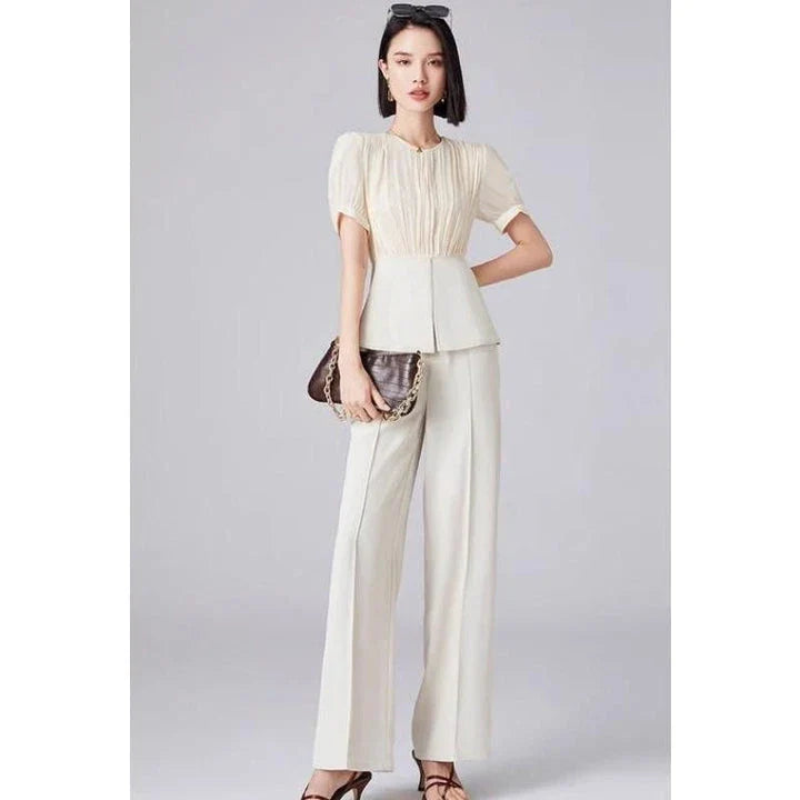 Elegant long sleeve top and wide leg pants set in solid color for stylish autumn wear