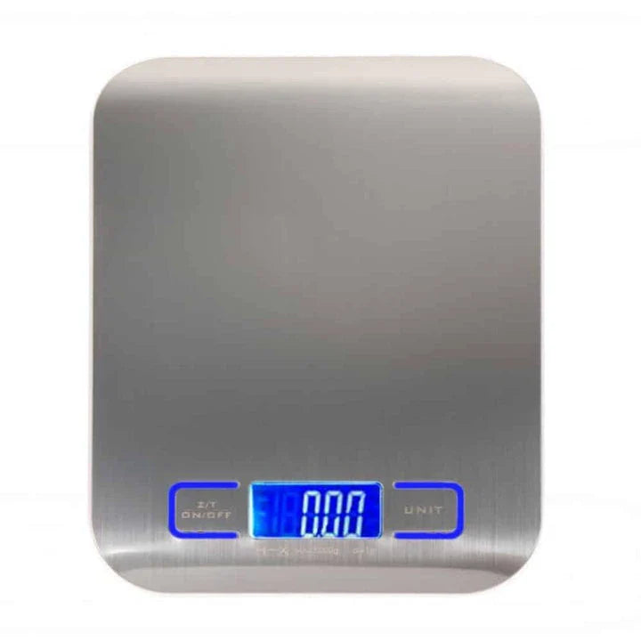 Precision digital kitchen scale with large LCD display, made of stainless steel and plastic for accurate meal preparation and cooking