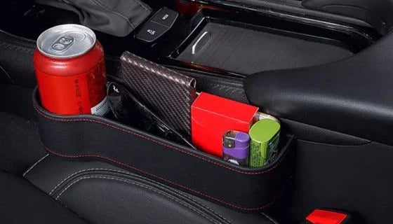 Multifunctional Car Seat Organizer with dedicated slots for phones, chargers, drinks, and cards, featuring a stylish polyurethane leather design.