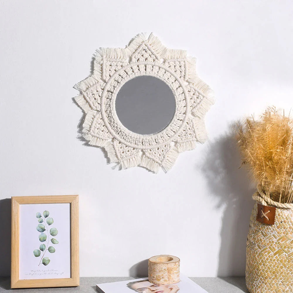 Handcrafted white macrame mirror wall hanging with intricate boho-inspired design, perfect for adding style and charm to home decor