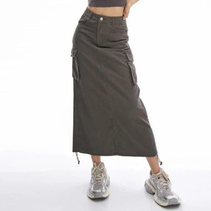 New Cargo Long Skirt - A versatile, mid-calf length skirt with a drawstring waist, pockets, and a flattering A-line silhouette