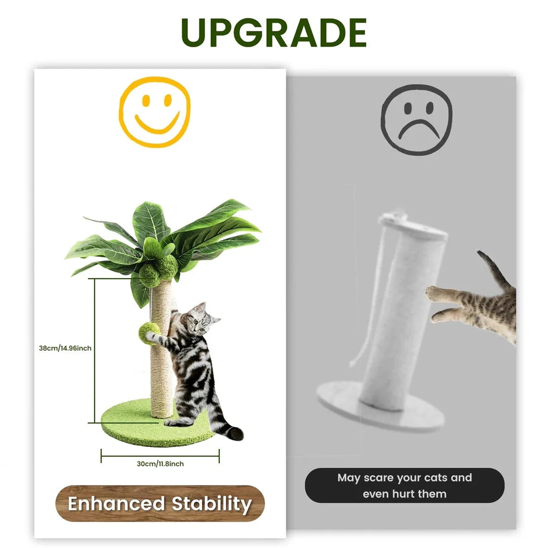 A natural-inspired cat scratching post with green leaves and interactive toys, providing a safe and engaging scratching surface for your feline companion.