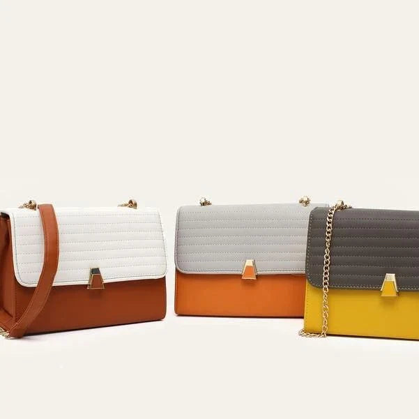 Color Block Quilted Vegan Leather Fashion Shoulder Bag in Orange with Decorative Lock and Chain Detail
