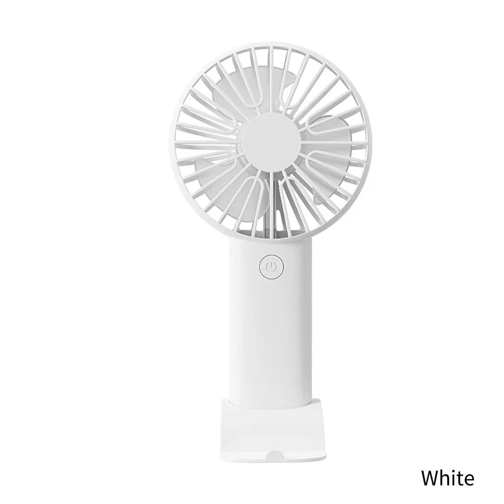 Compact USB Rechargeable Mini Handheld Fan with 3 wind modes, desktop stand, and phone holder for cooling anywhere