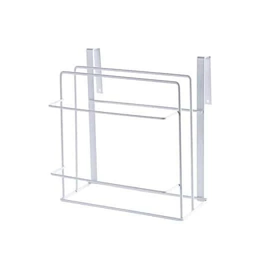 A modern 3-tier kitchen storage rack made of wood and metal, providing organized storage for kitchen essentials.
