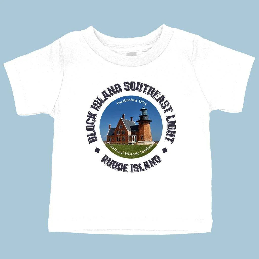Baby wearing a comfortable, soft, and flexible Rhode Island-inspired t-shirt in white color