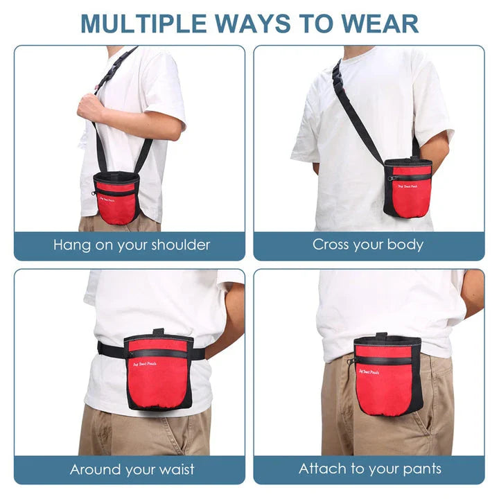 A durable and waterproof dog treat pouch with a magnetic closure, large capacity, and versatile wearing options for hands-free training sessions.