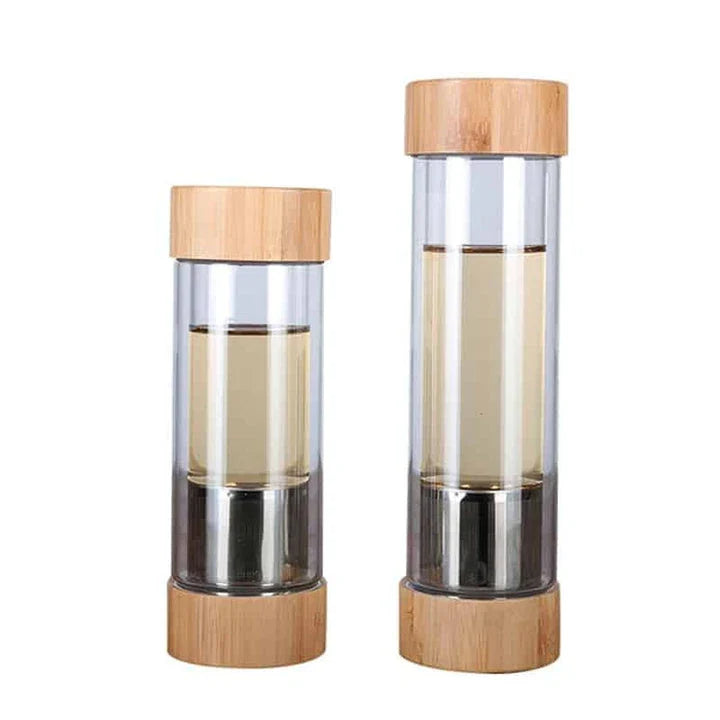 Premium glass water bottle with stainless steel tea infuser in bamboo color
