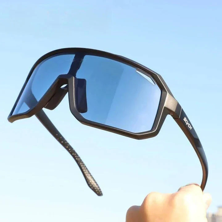 Pair of adjustable, photochromic cycling sunglasses with UV400 protection, suitable for outdoor activities and sports