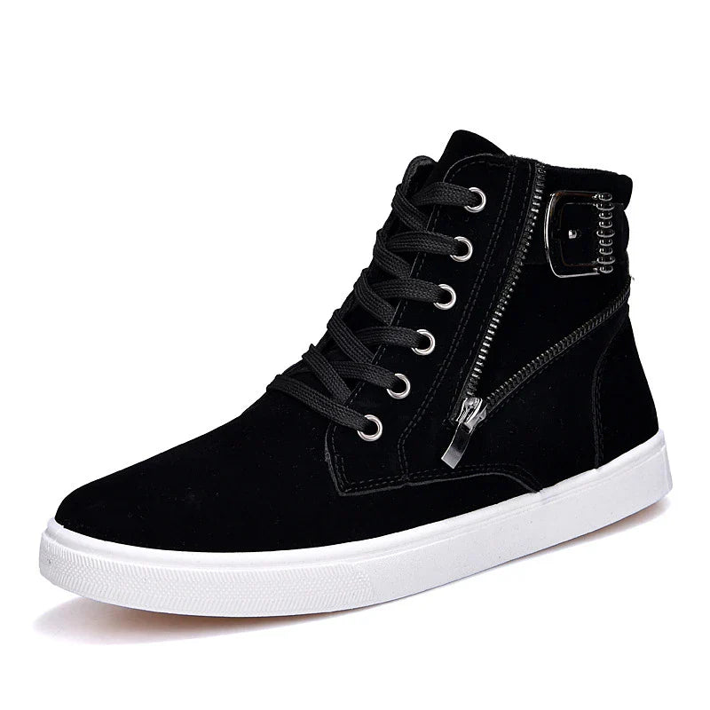 Stylish men's suede sneakers with a belt buckle detail, available in yellow, black, and dark blue colors.