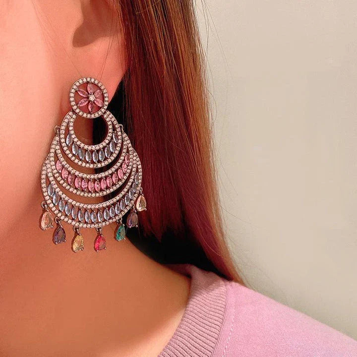 Elegant crescent-shaped water drop tassel earrings with vibrant artificial gems and semi-precious stones