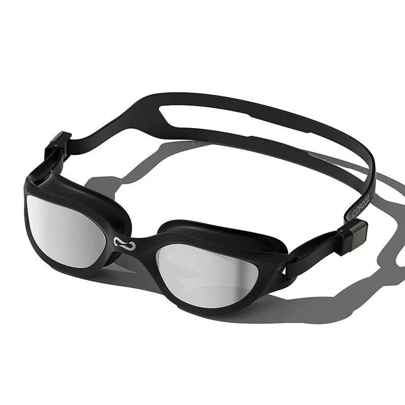 Premium anti-fog mirrored swimming goggles with adjustable silicone strap and UV protection