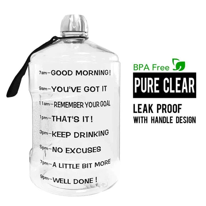 Durable gallon-sized water bottle with clear time markings for easy hydration tracking