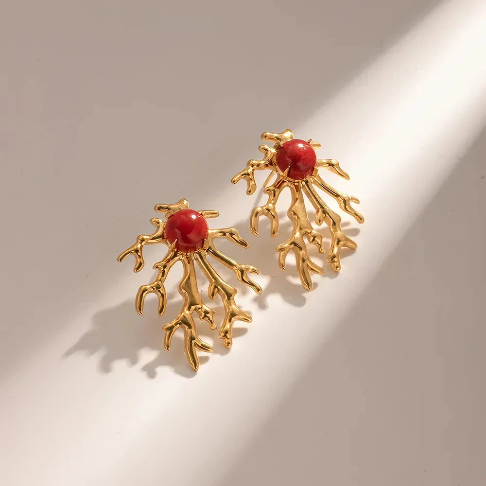 Exquisite 18K gold plated coral-shaped earrings with a unique and elegant design