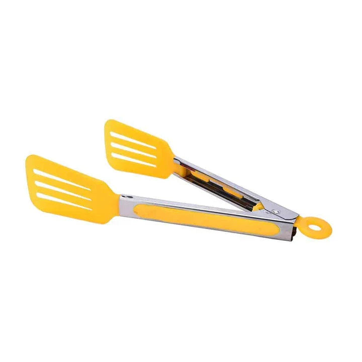 Colorful stainless steel BBQ tongs with silicone grips for secure handling of hot items on the grill