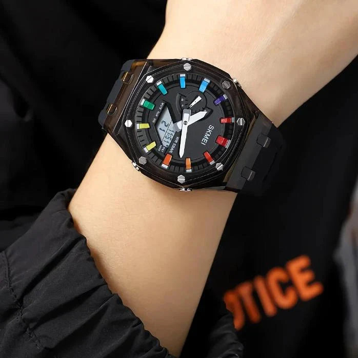 A durable, waterproof digital sports watch with LED lighting for easy reading in any conditions