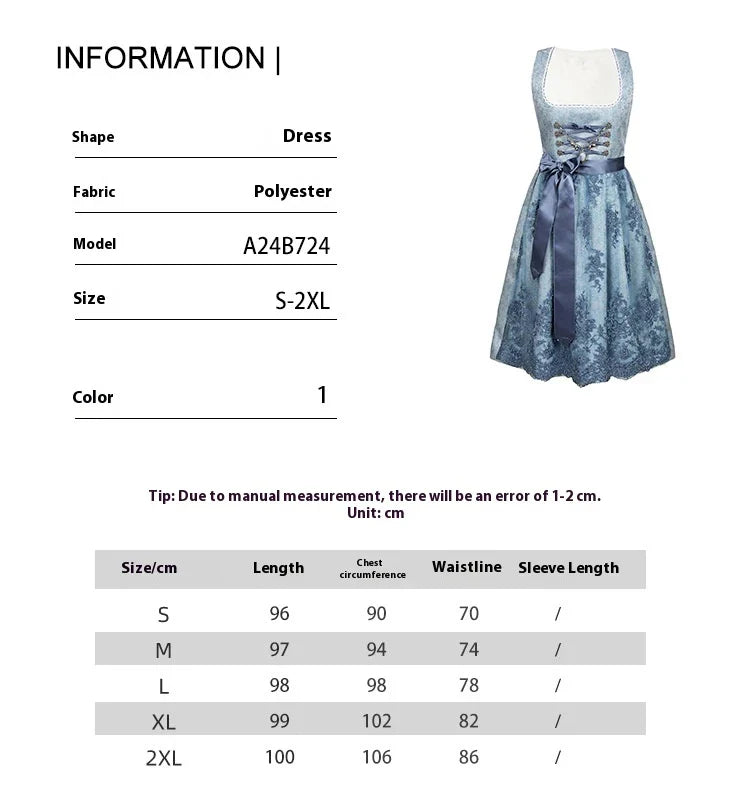 Bavarian-inspired 3-piece women's outfit with A-line skirt, pullover top, and jacquard pattern in sapphire blue color