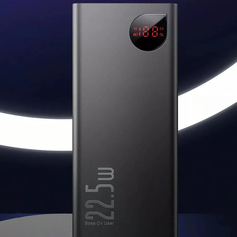 A sleek and durable metal power bank with a 10,000mAh capacity, quick-charging capabilities, and an LED display for easy monitoring.