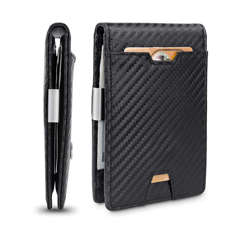 Premium men's wallet made of genuine leather and carbon fiber, featuring multiple card slots for organized storage and a sleek, slim design.