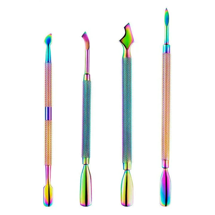 Premium stainless steel chameleon rainbow dual-ended cuticle pusher for salon-quality nail care at home
