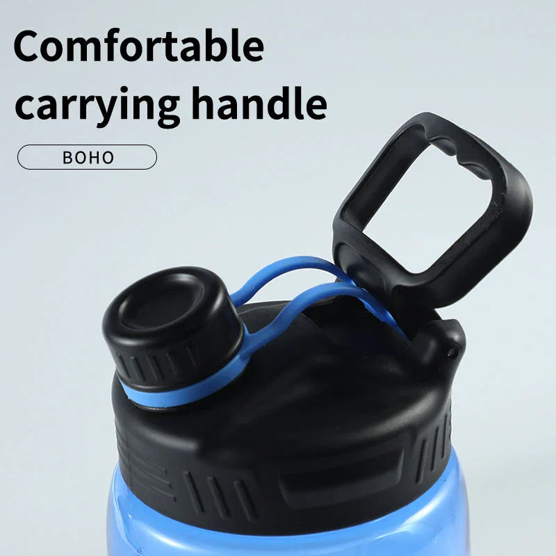 A large 2-liter water bottle with a straw, designed for active lifestyles and everyday hydration needs.