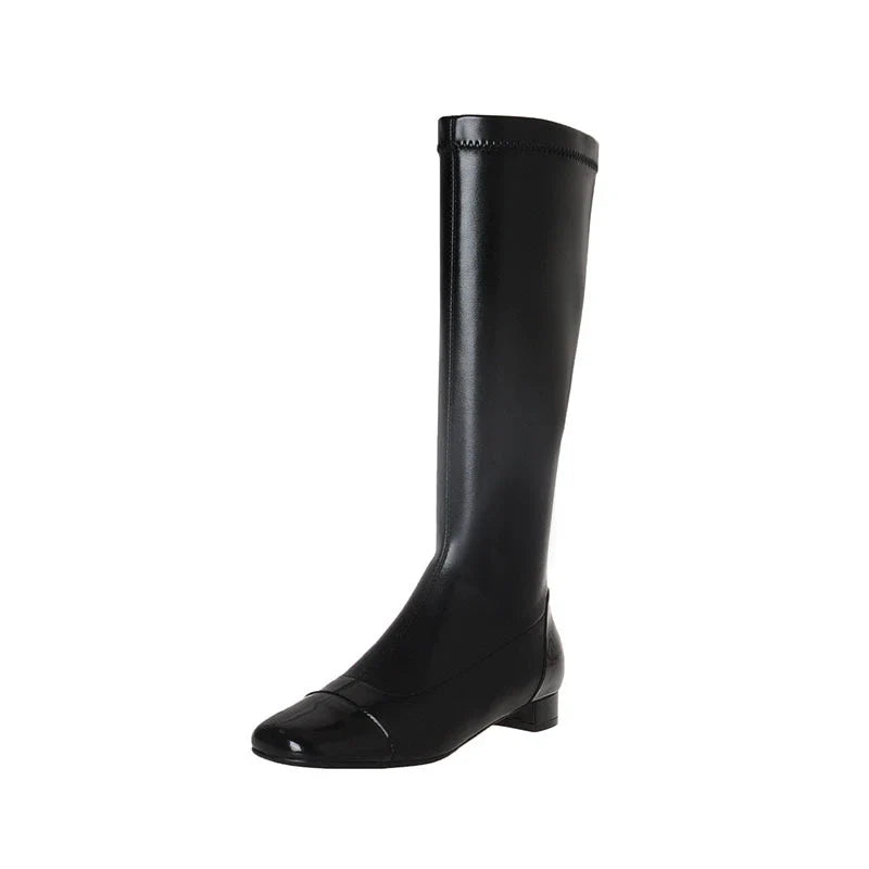 Colorblock low heel casual boots with square toe design, available in multiple color options