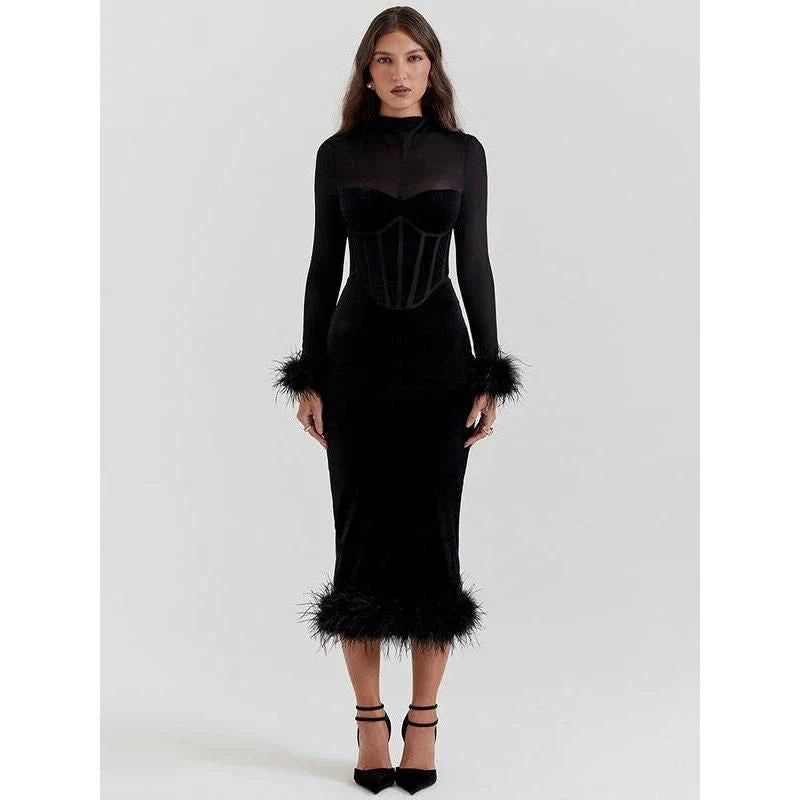Elegant feather trim backless bodycon midi dress in a sleek, sophisticated design